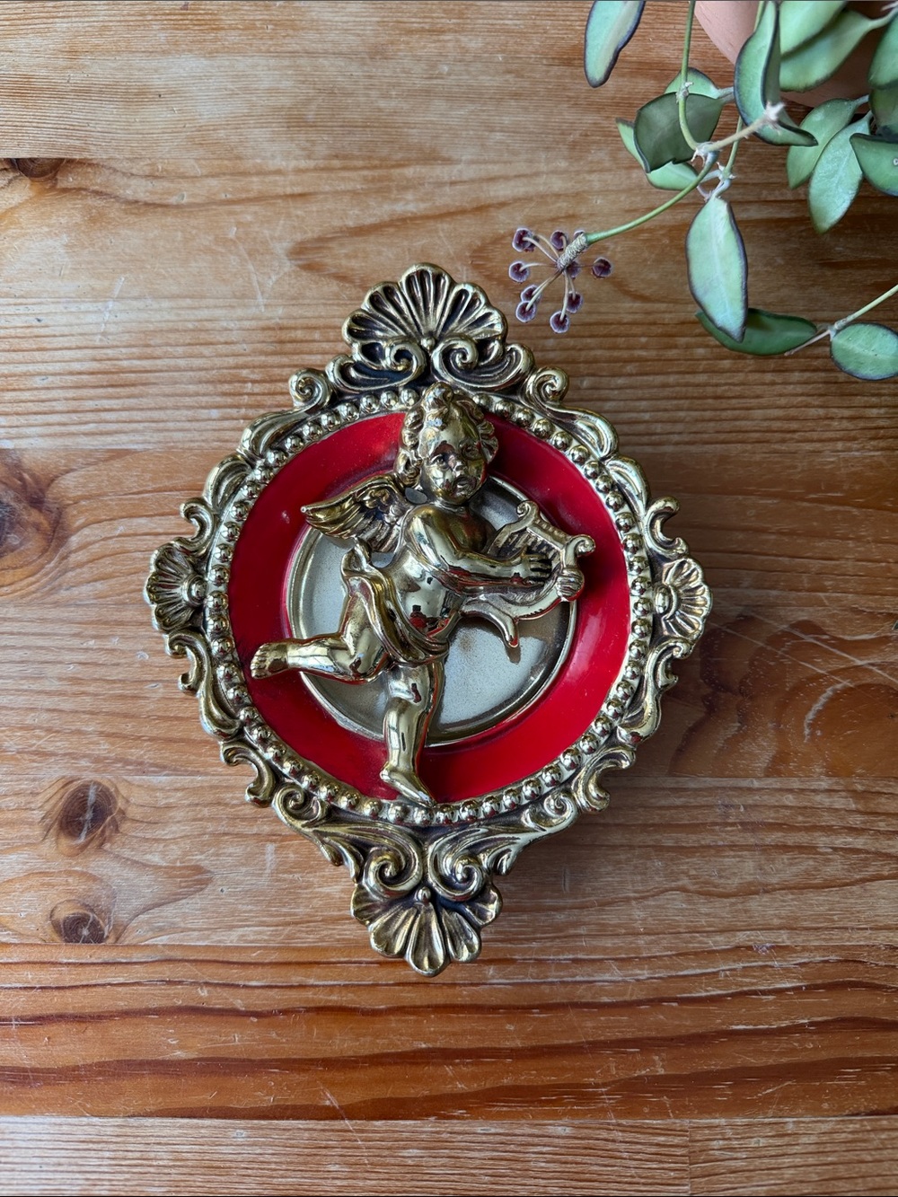 Vintage Gold Cherub Wall Plaque with Red Accent